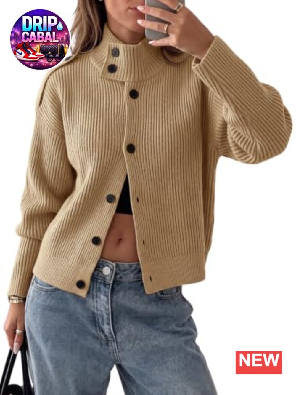 Saodimallsu Chunky Knit Button Cardigan Mock Neck Long Sleeve Fall Sweater